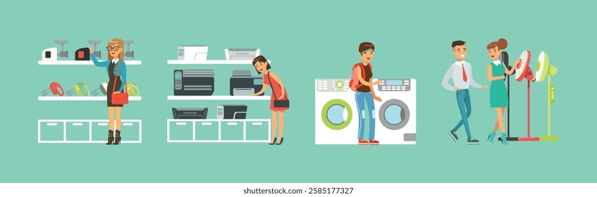 Smiling People Character In Electronic Store Shopping Vector Set