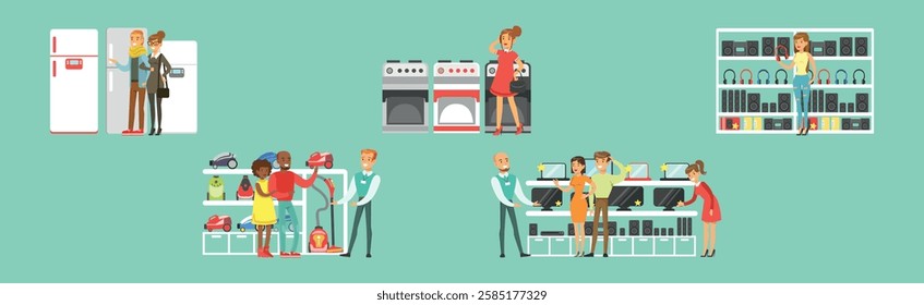Smiling People Character In Electronic Store Shopping Vector Set