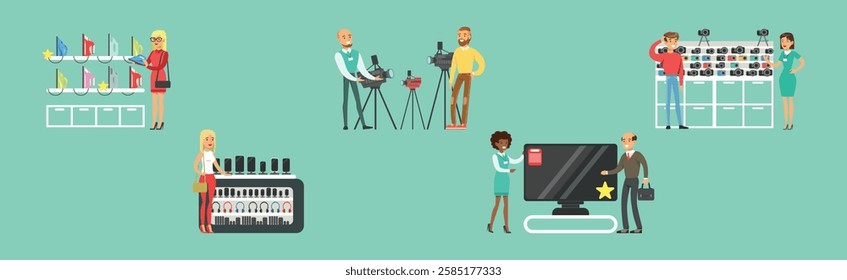 Smiling People Character In Electronic Store Shopping Vector Set