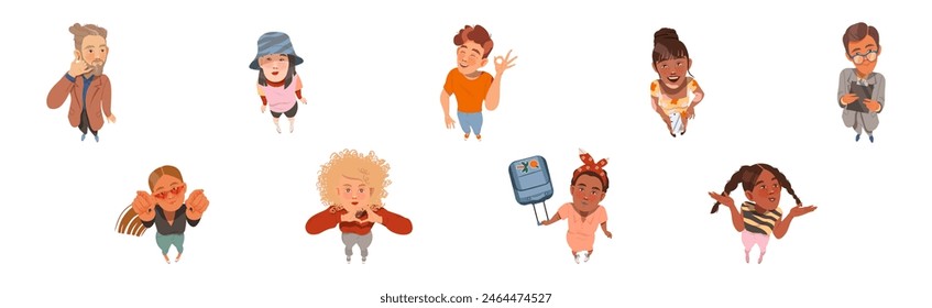 Smiling People Character Looking Up View from Above Vector Set