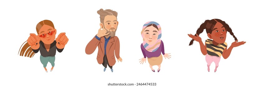 Smiling People Character Looking Up View from Above Vector Set