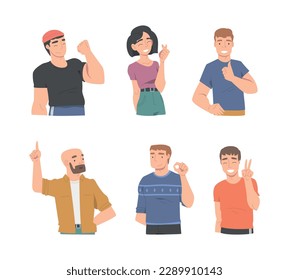 Smiling People Character Showing Different Hand Gesture Vector Illustration Set
