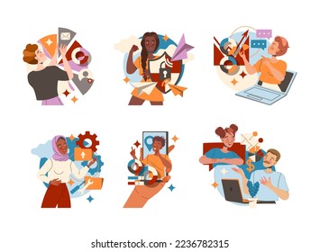 Smiling People Character Working with Information Analyzing and Browsing Data in the Internet Vector Set