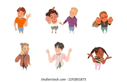 Smiling People Characters Looking Up Gesturing and Watching Something Above View Vector Illustration Set