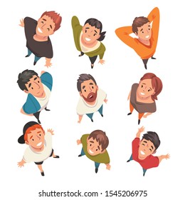 Smiling People Characters Looking Up Set, View from Above Vector Illustration
