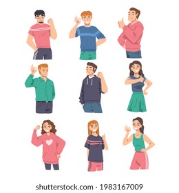 Smiling People Characters Showing Approving Gestures Like Fist Pump and Thumb Up Vector Illustration Set