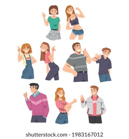 Smiling People Characters Showing Approving Gestures Like Fist Pump and Thumb Up Vector Illustration Set