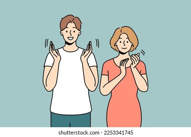 Smiling people clap hands meet welcome someone. Happy man and woman applaud show appreciation and acknowledgement. Vector illustration. 