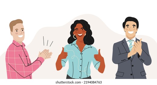 Smiling People Clapping hands thanking or showing appreciation at Event. Multicultural People Applaud celebrate good deal. Acknowledgement and gratitude. Flat vector illustration.
