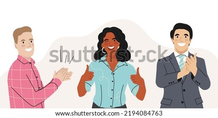 Smiling People Clapping hands thanking or showing appreciation at Event. Multicultural People Applaud celebrate good deal. Acknowledgement and gratitude. Flat vector illustration.