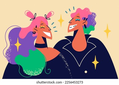 Smiling people with colorful hair feel festive and optimistic. Happy couple of punks showing creative style. Subculture concept. Vector illustration. 