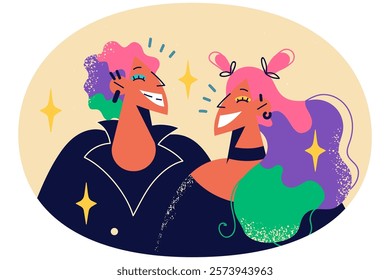 Smiling people with colorful hair feel festive and optimistic. Happy couple of punks showing creative style. Subculture concept. Vector illustration.