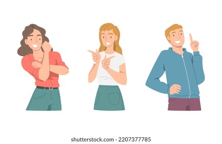Smiling people communicating with hand gestures set. Man and woman showing fist and pointing with index fingers cartoon vector illustration