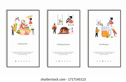 Smiling people cooking meal for website and mobile development, mobile app screens set. Parents with children preparing food for dinner. Flat Art Vector Illustration