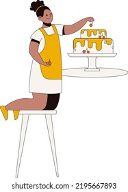 Smiling people cooking on kitchen table set vector flat illustration. 