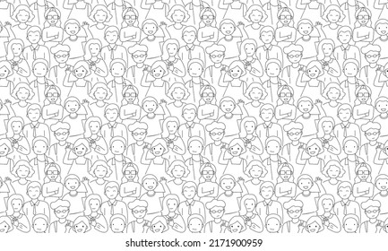 Smiling people crowd portrait outline Seamless Pattern. Vector illustration.