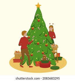 Smiling people decorate the Christmas tree together for the holiday with toys and garlands.  Colorful vector illustration in the style of a flat cartoon.