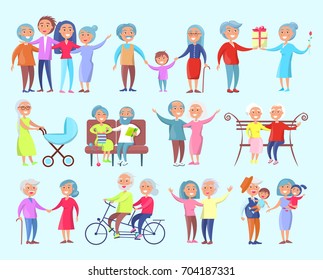 Smiling people of different age isolated vector illustration on light blue background. Grandparents spending time with their kids and grandchildren
