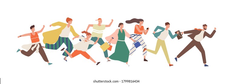 Smiling People Of Different Ages Running Together Vector Flat Illustration. Men, Women, Children And Teens Having Person Runner Race Lifestyle Isolated On White. Jogging Characters In Hurry Or Haste