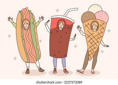 Smiling people in diverse costumes dancing together. Happy men and women in food outfits advertise restaurant or cafe. Vector illustration. 