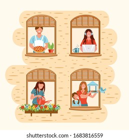 Smiling people do different pleasant things at home. People stay home to protect from viruses. People staying by the window in self quarantine. Vector illustration drawing in flat style 