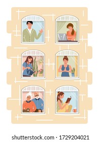 La gente sonriente hace cosas agradables en casa. La gente se queda junto a la ventana. Aislamiento social. Dibujo de ilustración de vector en estilo plano