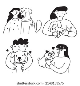 Smiling people with dogs. Outline icons. Vector illustrations on white background.