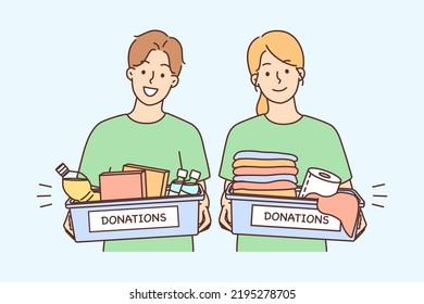 Smiling people with donations boxes. Happy volunteers holding packages with donating goods. Charity and volunteering concept. Vector illustration. 