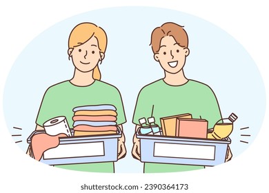 Smiling people with donations boxes. Happy volunteers holding packages with donating goods. Charity and volunteering concept. Vector illustration.