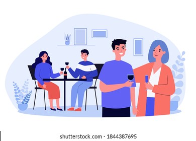 Smiling people drinking wine in restaurant. Table, bottle, drink flat vector illustration. Date and communication concept for banner, website design or landing web page