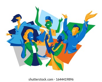 Smiling people expressing joy, happiness, satisfaction, positive emotions. Celebrating cheering male and female characters - Vector illustration 