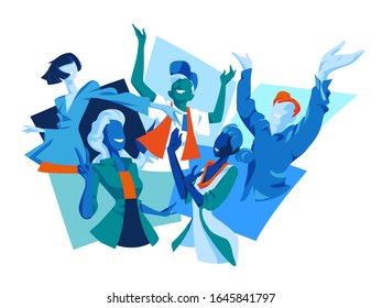 Smiling people expressing joy, happiness, satisfaction, positive emotions. Celebrating cheering male and female characters - Vector illustration