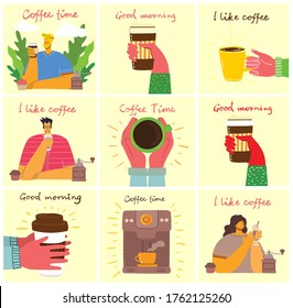 Smiling people friend drinking coffee and talking. Coffee time, break and relaxation vector concept cards. Vector illustration in modern flat design style