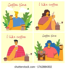 Smiling people friend drinking coffee and talking. Coffee time, break and relaxation vector concept cards. Vector illustration in modern flat design style