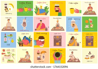 Smiling people friend drinking coffee and talking. Coffee time, break and relaxation vector concept cards. Vector illustration in modern flat design style