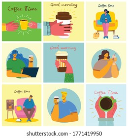 Smiling people friend drinking coffee and talking. Coffee time, break and relaxation vector concept cards. Vector illustration in modern flat design style