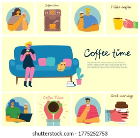 Smiling people friend drinking coffee and talking. Coffee time, break and relaxation vector concept cards. Vector illustration in modern flat design style