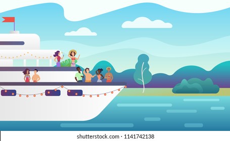 Smiling people friends making fancy party on yacht ferry ship. Vacation, sea travel and friendship concept vector illustration.