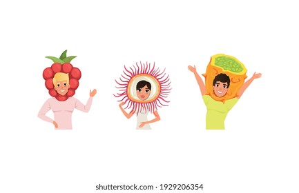 Smiling People in Fruit Headdress, Happy Persons Wearing Kiwano, Raspberry, Rambutan Headgears Cartoon Vector Illustration