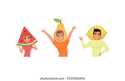 Smiling People in Fruit Headdress, Happy Persons Wearing Watermelon, Pear, Lemon Headgears Cartoon Vector Illustration