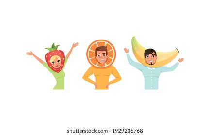 Smiling People in Fruit Headdress, Happy Persons Wearing Strawberry, Orange, Banana Headgears Cartoon Vector Illustration