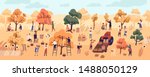 Smiling people gathering fruits in orchard or at farm. Cute happy young men and women picking apples in garden. Autumn harvest, seasonal agricultural work. Flat cartoon colorful vector illustration.