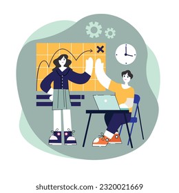 Gente sonriente dando cinco y trabajando mientras manejaba tiempo. Calendario de planificación de caracteres de dibujos animados. Productividad y eficiencia en las empresas. Cooperación exitosa con colegas. Vector
