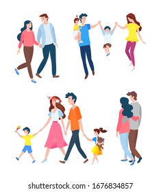 Smiling people going together, portrait view of family set, happy parents walking with children, man and woman in casual clothes, togetherness vector