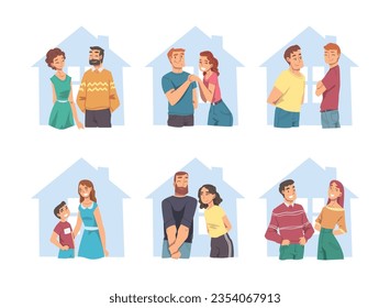 Smiling People Having Own House and Dwelling Vector Set