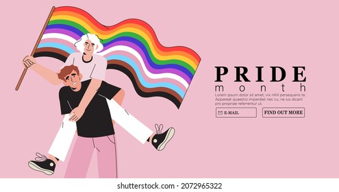 Smiling People Hold Flag With Lgbtq+ Rainbow During Pride Month Celebration Or Parade Against Violence, Descrimination, Rights Violation On A Peaceful Demonstration. Equality And Self-affirmarmation.