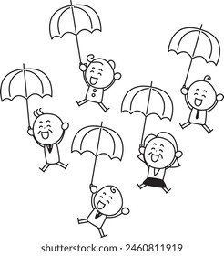 Smiling people holding umbrellas on a rainy day