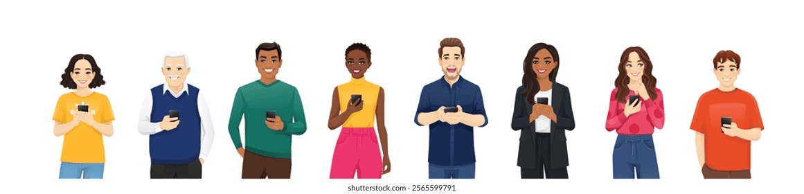 Smiling people holding using mobile phones. Men and women characters set vector illustration isolated