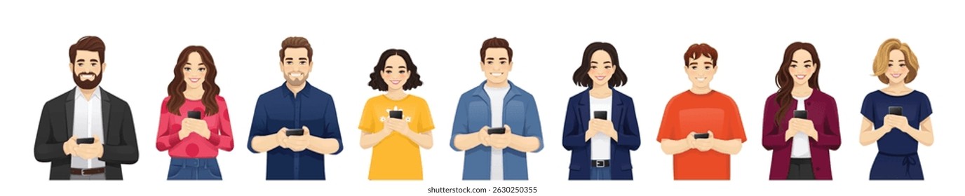 Lächelnde Menschen, die Mobiltelefone in der Hand halten. Männer und Frauen Charaktere gesetzt. Vektorgrafik einzeln