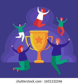 Smiling people jump around the winning Cup. The symbol of the success of the team. Happy and active men and women. Flat vector illustration.